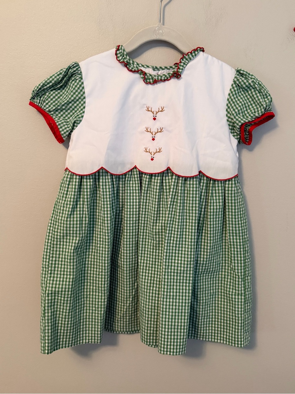 The Proper Peony Green Gingham Holiday Reindeer Dress